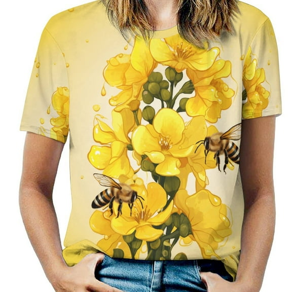 Bee And Flowers T-Shirt O Neck Retro Print Big Size T-Shirts Short Sleeve Tees Womens Pretty Design