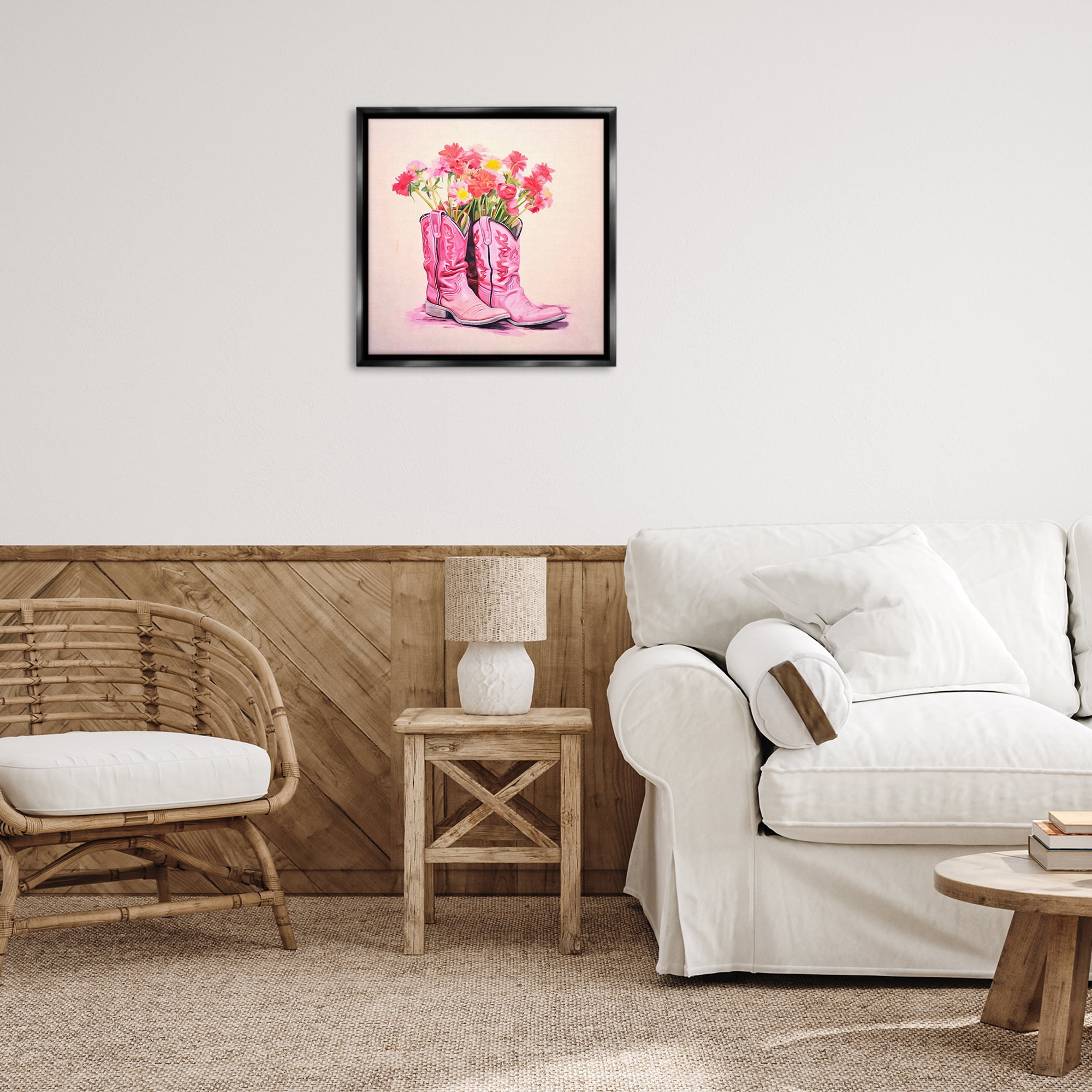 Stupell Industries Pink Blossom Boots Botanical & Floral Painting Black Floater Framed Canvas Art Print Wall Art, 25 x 25