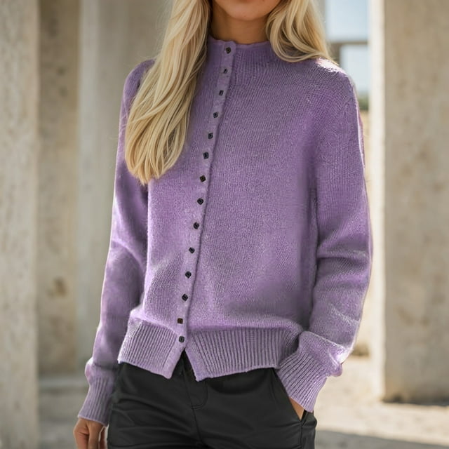 HongQid Women's Sweater Cardigan Fall Winter Casual Mock Neck Long Sleeve Knit Cardigan with Buttons