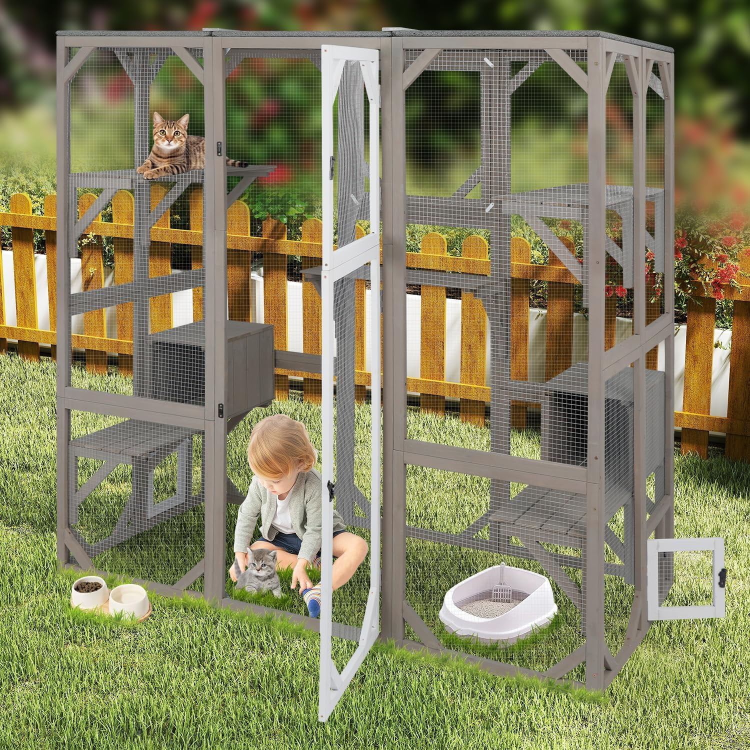 PETSCOSSET 71" Catio Outdoor Cat Enclosure Large Wooden Cat House with 5 Platforms for Multiple Cats