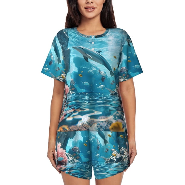Balery Underwater Dolphin Scene Conjunto de Pijama para Mujer con Estampado, Dos Piezas de Manga Corta y Shorts, Ropa de Dormir Suave con Cuello Redondo y Bolsillos-4X-Large