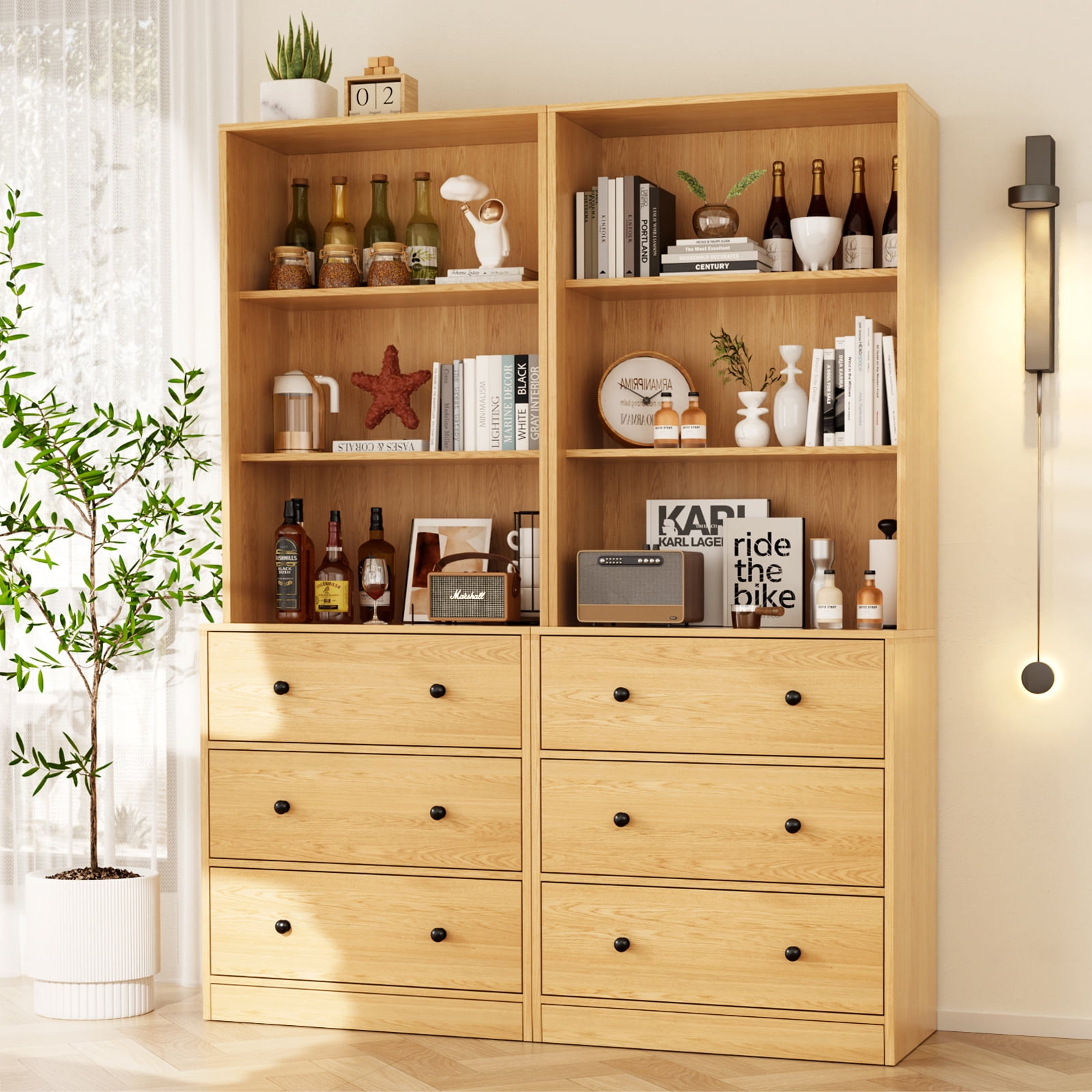 RichYa 4Pcs Kitchen Pantry Storage Cabinet,Modular Furniture Cabinets with Drawers,Hutch Buffet Cabinet with Display Glass Doors for Dining Room,Wood