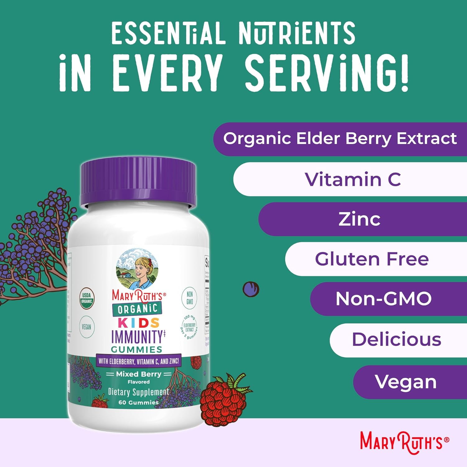 MaryRuth's Kids Immunity Gummies, USDA Organic, Dietary Supplement, Elderberry Zinc, Immune Support, Mixed Berry Flavor, Vegan, Gluten-Free, 60 Count
