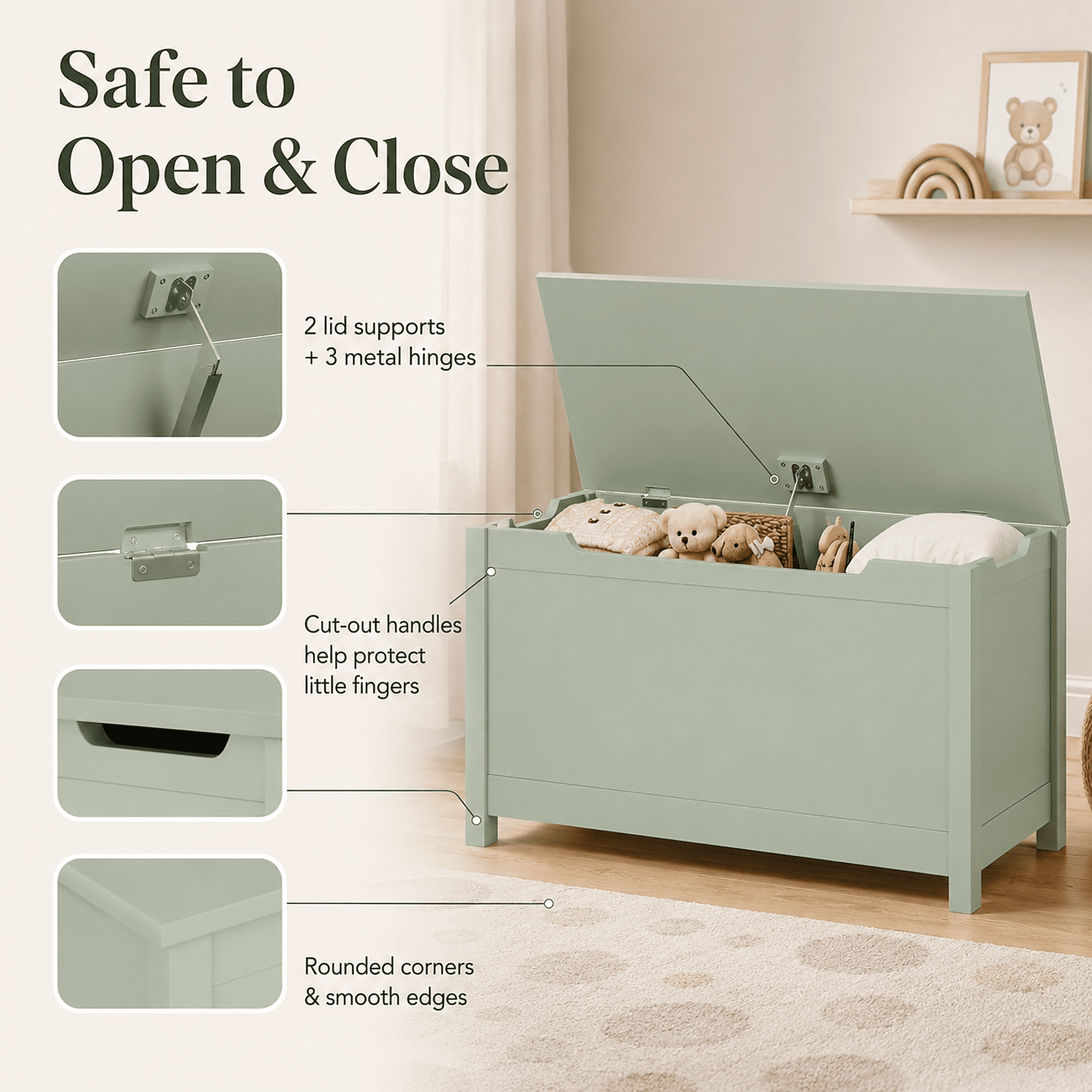 Miniyam Toy Storage Bench with Lid, Kids Toy Box and Storage Chest for Bedroom, Playroom, Nursery, Green