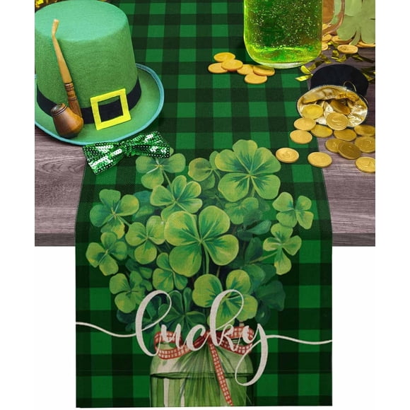 St. Patricks Day Table Runner 13x108 Inches Long Lucky Clover Jar Bow Tie Runner for Table Buffalo Plaid Table Runners Cotton Linen Dresser Scarf for Kitchen Coffee Dining Spring Holiday Party Decor