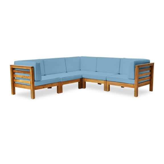 GDF Studio Ravello Outdoor V-Shaped Acacia Wood Sectional Sofa Set with Cushions, Brown