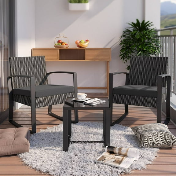 Lofka Balcony Furniture Set  for 2, 3-Piece Outdoor Conversation Wicker Chairs Set with Table & Cushions for Garden,Deck,Balconies, Black Cushion