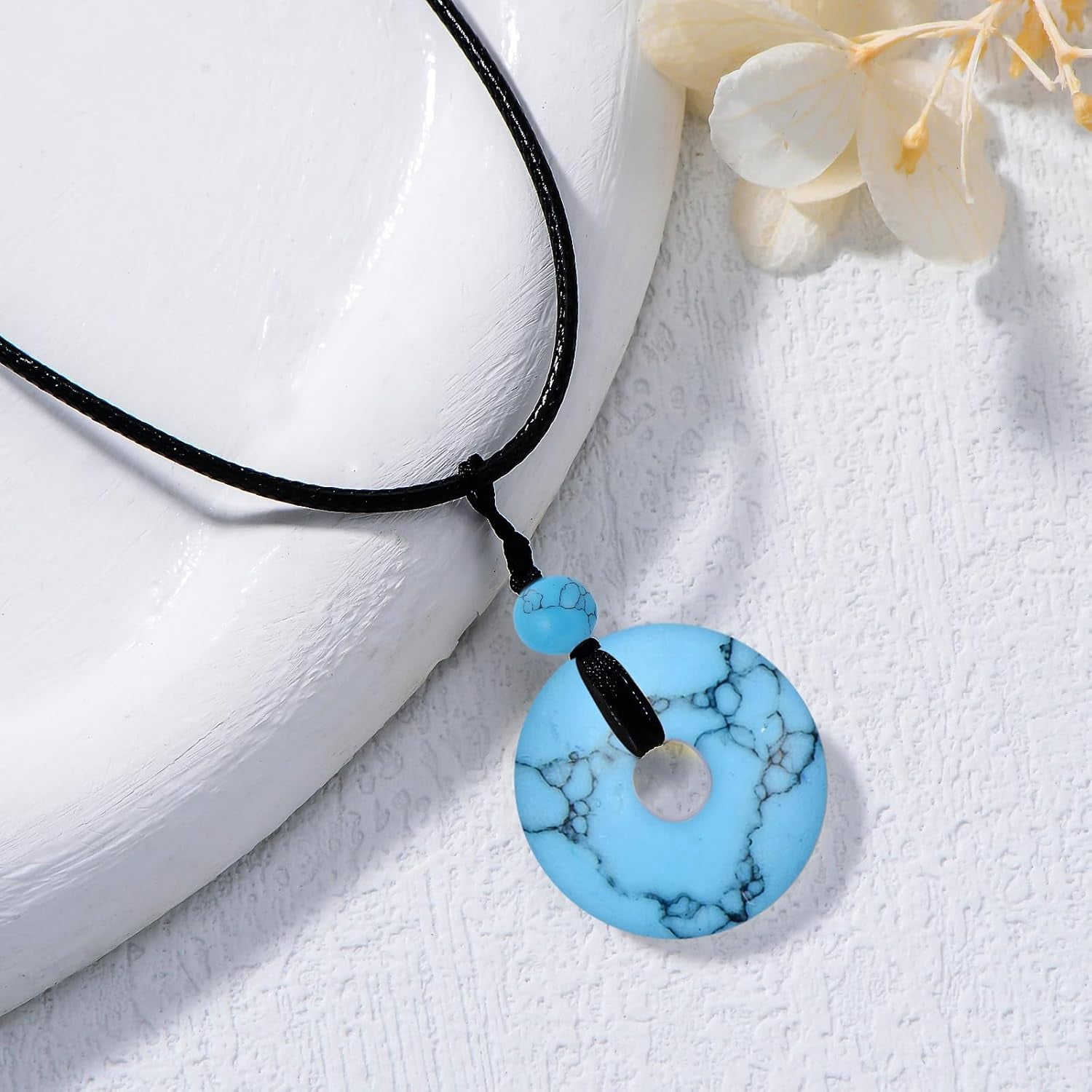 DVEATR Turquoise/Azurite/Tiger's Eye/Malachite/Moonstone Necklace for Women, Bare Stone Pendant Necklace Jewelry Gift, with 45.72 + 5.08cm Leather Cord Chain