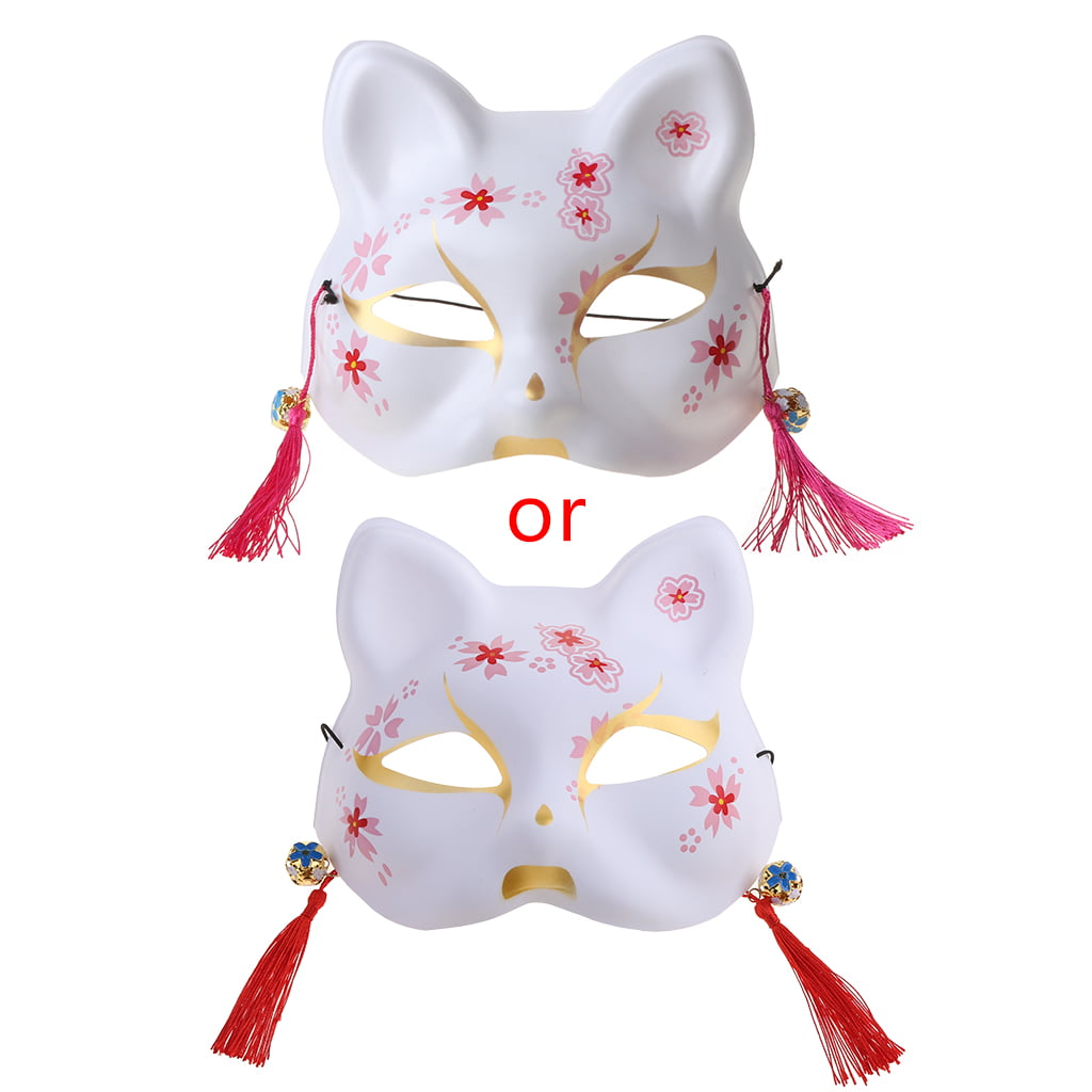 JUNTEX Japanese Animal Cat Half Face Mask with Tassels Small Bells  Hand-Painted Cosplay Anime Party Costume Masquerade Festival Facny Dress Up  