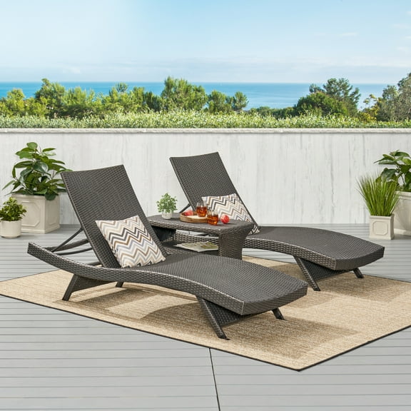 Nadia Outdoor 3 Piece Wicker Chaise Lounge Set with Lounge Table, Grey