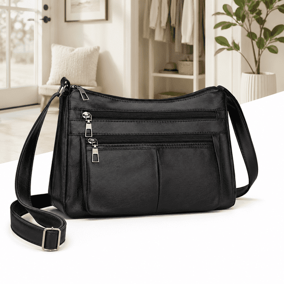 Black Zipper Crossbody Bag With Wide Shoulder Strap Phone Wallet Shoulder Purse Multiple Zipper Pockets Womens Handbag Faux Leather Black Color