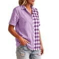 thumbnail image 5 of Button Down Shirts for Women Collared Shirt Short Sleeve Plaid Stripe Patchwor Linen Summer Tops, 5 of 6