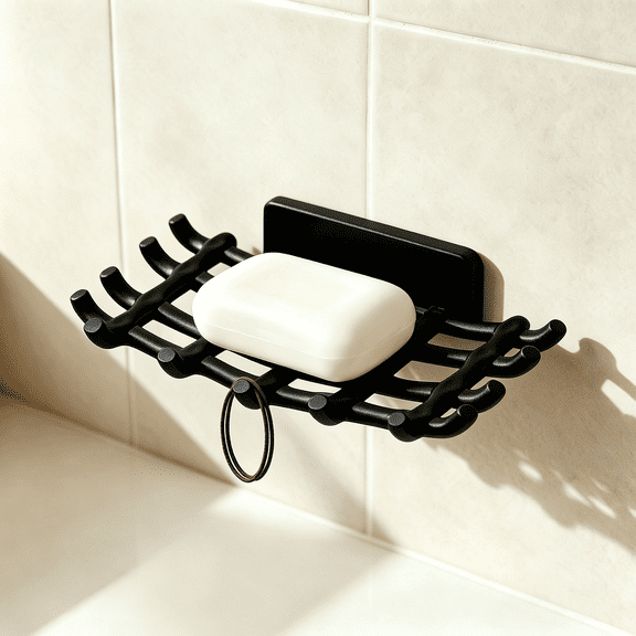 Adhesive Soap Holder with Hooks - No Drilling Soap Dish for Shower Wall, Bathroom Organizer Rack with Drainage Tray for Sink or Bathtub - Plastic Soap Saver for Razor Storage, 1 Pack
