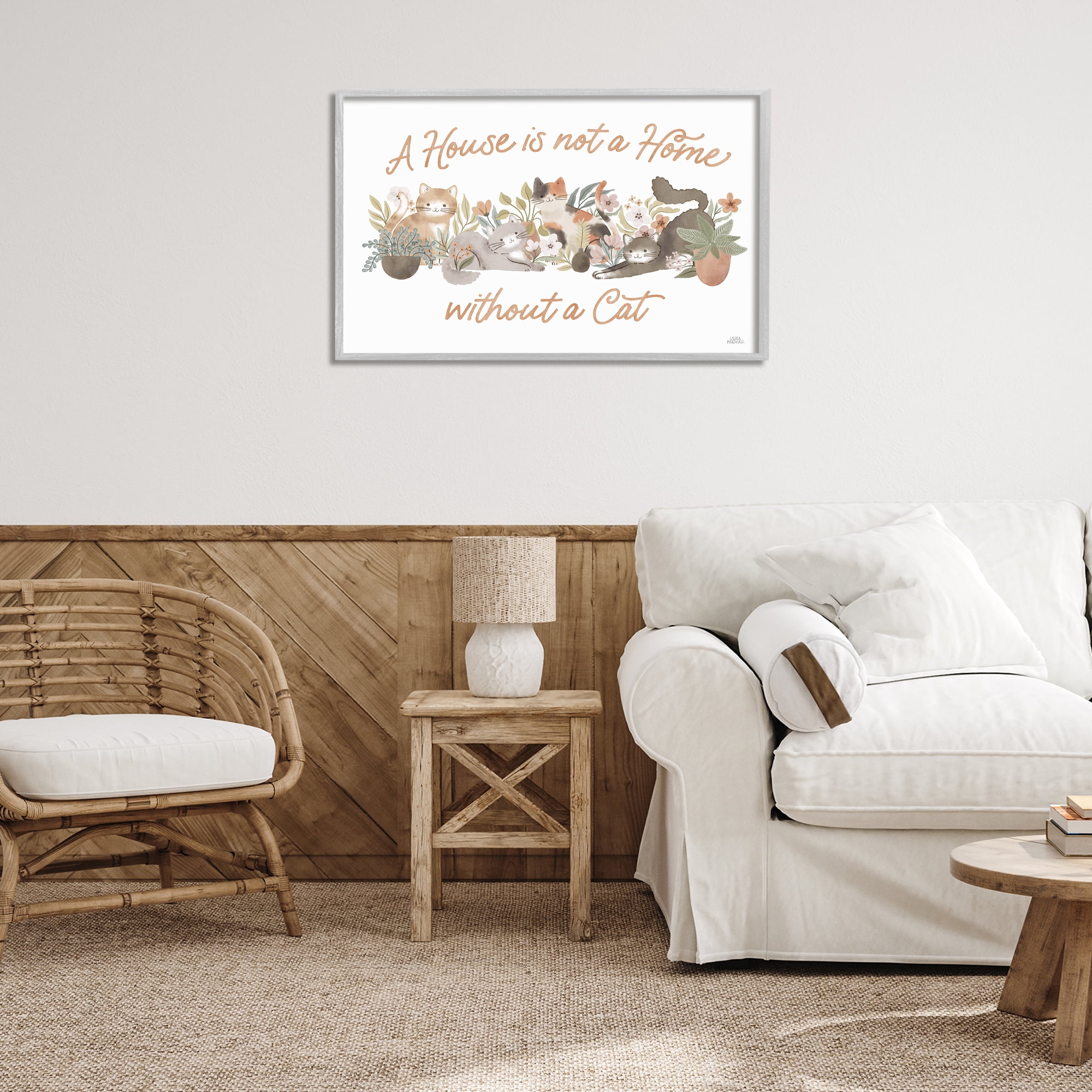 Stupell Industries Cozy Cats & Plants Phrase Animals & Insects Painting Gray Framed Art Print Wall Art, 30 x 20