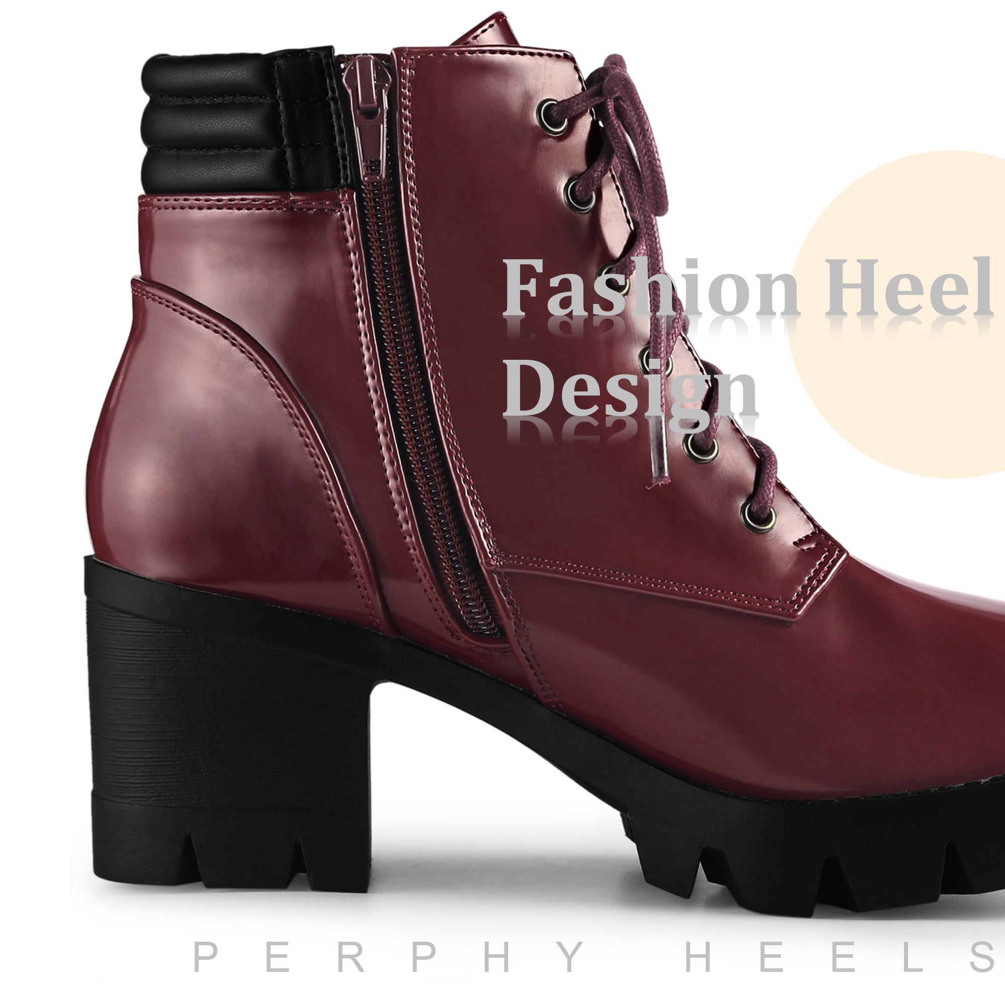 Unique Bargains Women's Lace Up Platform Chunky Heel Combat Boot Burgundy 9.5