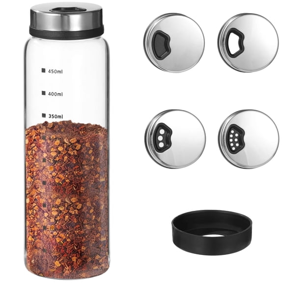Salt & Pepper Shaker, Large Glass Spice Jar with Adjustable Pour Holes, Spice Dispenser with Non-Slip Silicone Bases, Seasoning Jar with Rotating Steel Lids for Kitchen, 16.9 oz