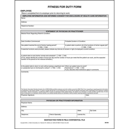 Employee’s Fitness to Return to Work Form, 8.5 x 11, 75 Pack