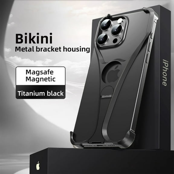 ELEHOLD Aluminum Alloy Frameless For iPhone 15, Compatible with Mag-Safe,Metal Magnetic Invisible Kickstand Metal Frameless Design Slim Fit Bumper Shockproof Case For iPhone 15,Black