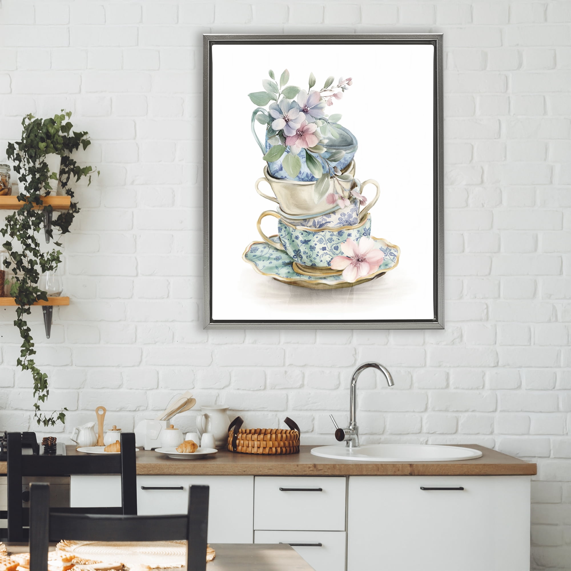 Stupell Industries Floral Teacup Chinoiserie Gray Framed Floater Canvas Wall Art, design by Kim Allen