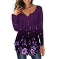 thumbnail image 2 of DYMADE Womens Henley Button V-Neck Long Sleeve Casual Blouse Pleated Tunic Printed Shirt Top, 2 of 3