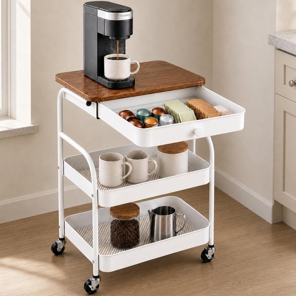 3 Tier Rolling Cart with Hidden Drawer and Wood Top, Small Space Storage Cart with Wheels, Coffee Station Organizer and Side Table Cart for Living Room, Bedroom, Kitchen, White