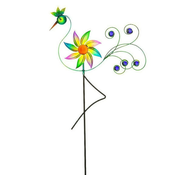 Cheerful Summer Days Windspinner Garden Stake, Green/yellow/pink Bird, Short