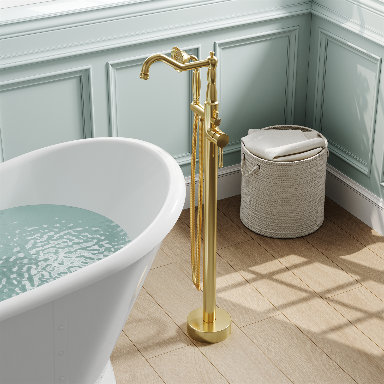 ANGELES HOME Freestanding Tub Faucet with Handheld Shower, Floor Mount Bathtub Filler, Roman Bathtub Faucet with Swivel Spout Brass Rough-in and Water Hose, Brushed Gold