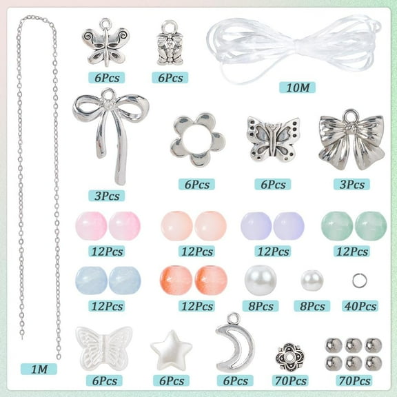 1 Box 310Pcs DIY 6 Sets Bow Bracelet Kit Cute Bracelets Making Kits Glass Beads Pink Pearl Silver Bowknot Charms for Jewelry Making Charm Crafts Supplies Beginners Starter Women Adults