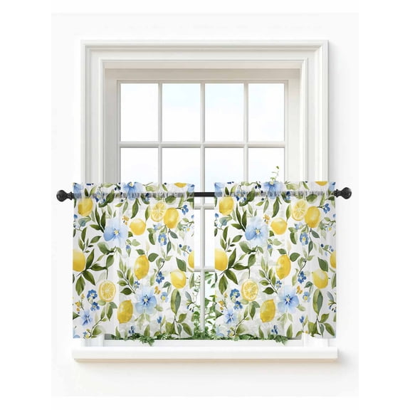 Eucalyptus Lemon Tier Curtains 36 Inch Length,Sheer Curtains for Bedroom Living Room Window Sage Green Leaf Blue Flower Fruit Rod Pocket Drapes Kitchen Curtains Small Half Window 27.5"x36" 2 Panels
