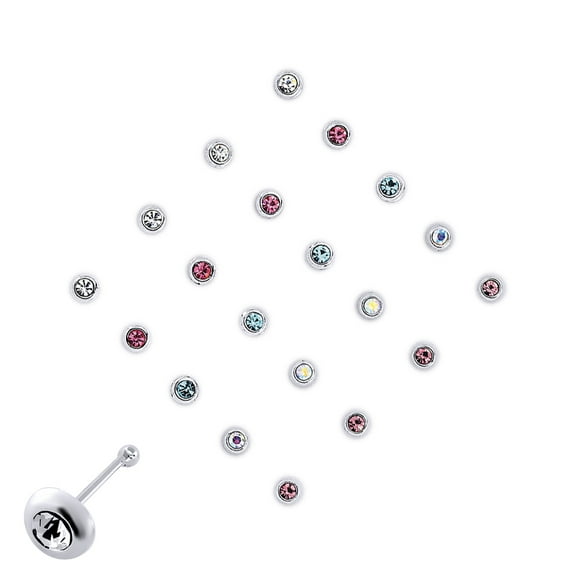 Silver Jewelco London Multi Colour Crystal Nose Studs - Pack of 20 3mm