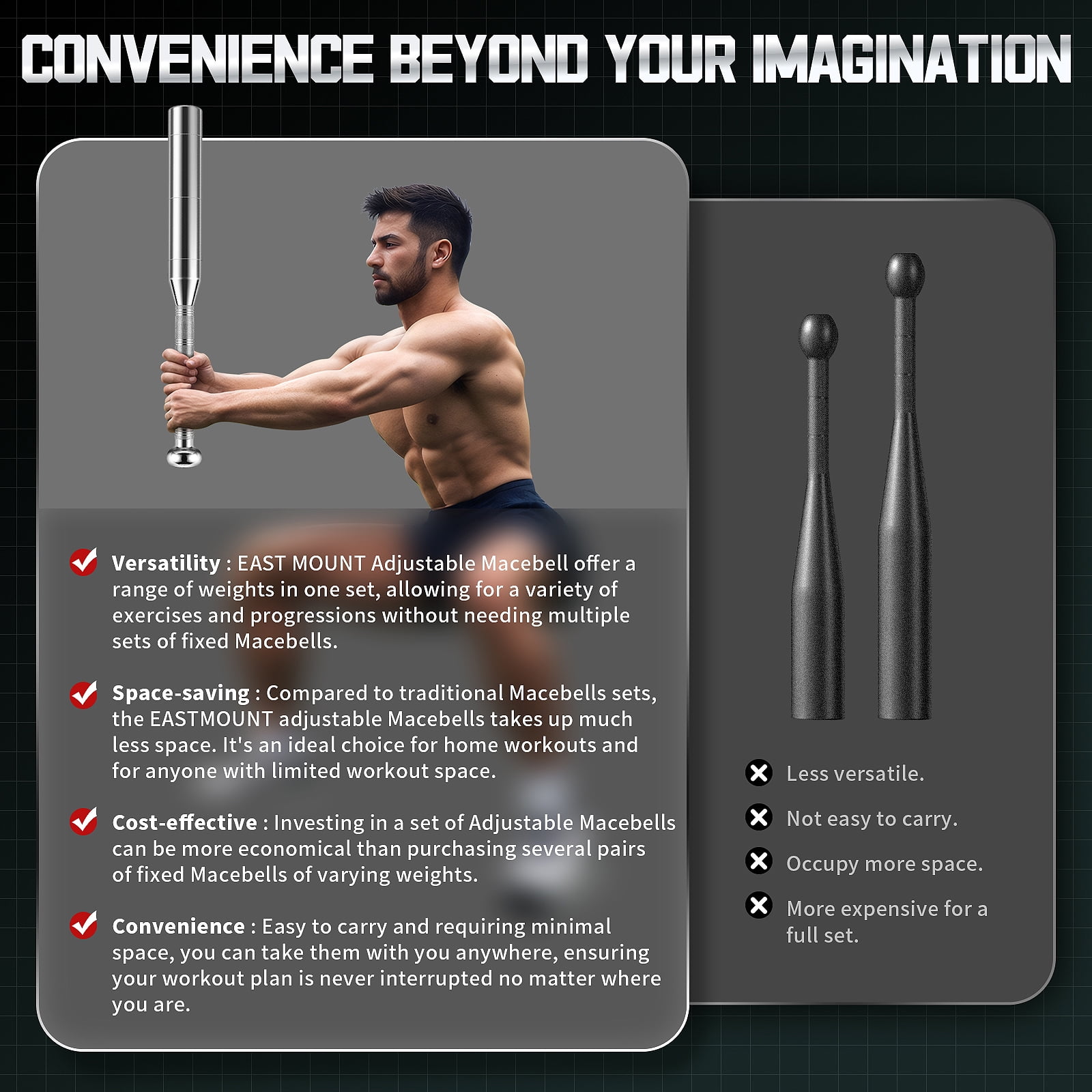 EAST MOUNT Adjustable Weightlifting Bar Macebell Clubbell for Strength Training,6-in-1 Premium Steel Weighted Indian Clubbell for Full Body ,Muscles, Shoulder/Grip/Forearm Training & Stretching