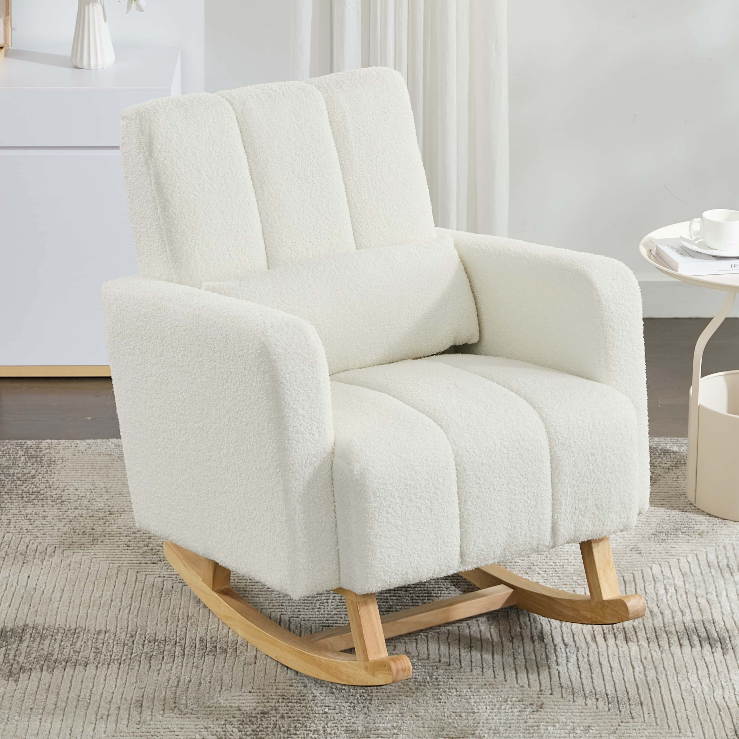 Miniyam Accent Rocking Chair with Pillow, Teddy Velvet,Cream White