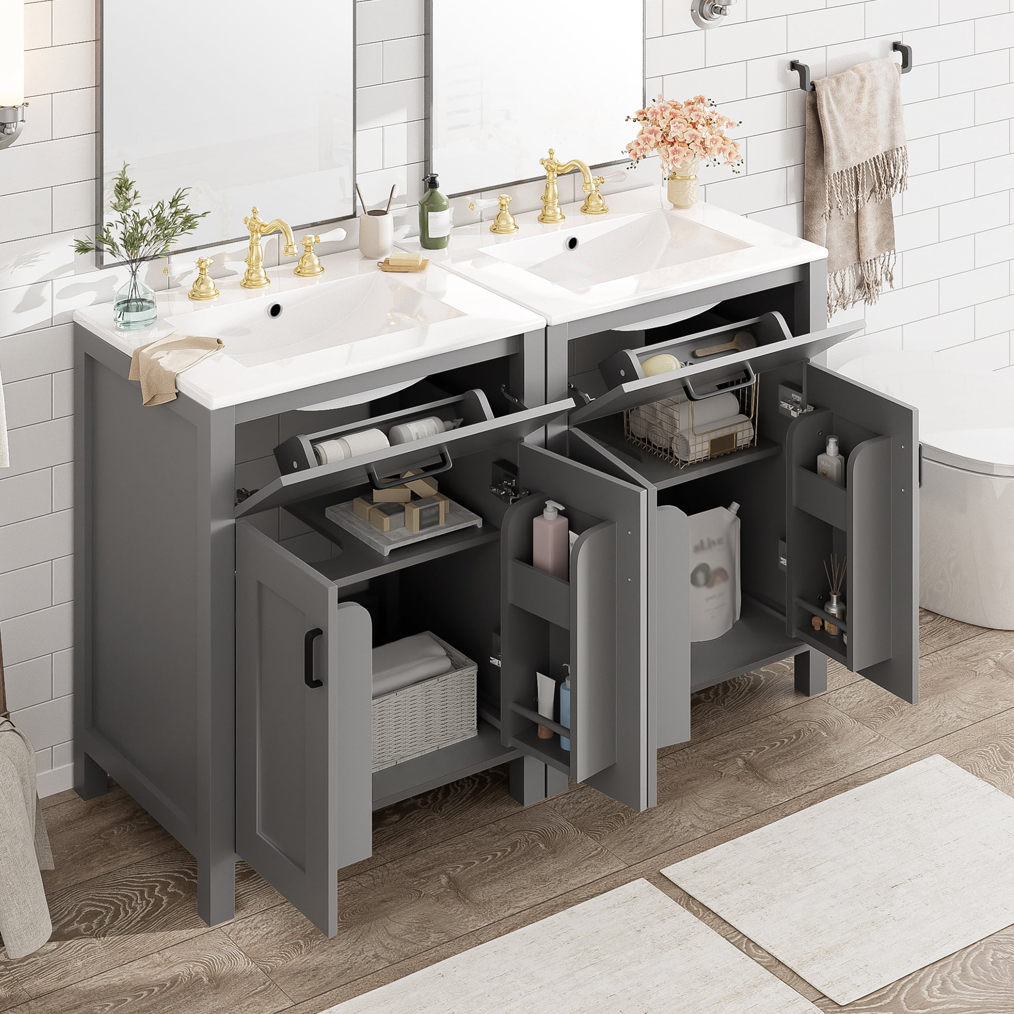 Euroco Modern 48-Inch Bathroom Vanity with Ceramic Sink, Soft-Close Doors, Flip Drawer, Double-Layer Door Shelves, Elegant Storage Solution