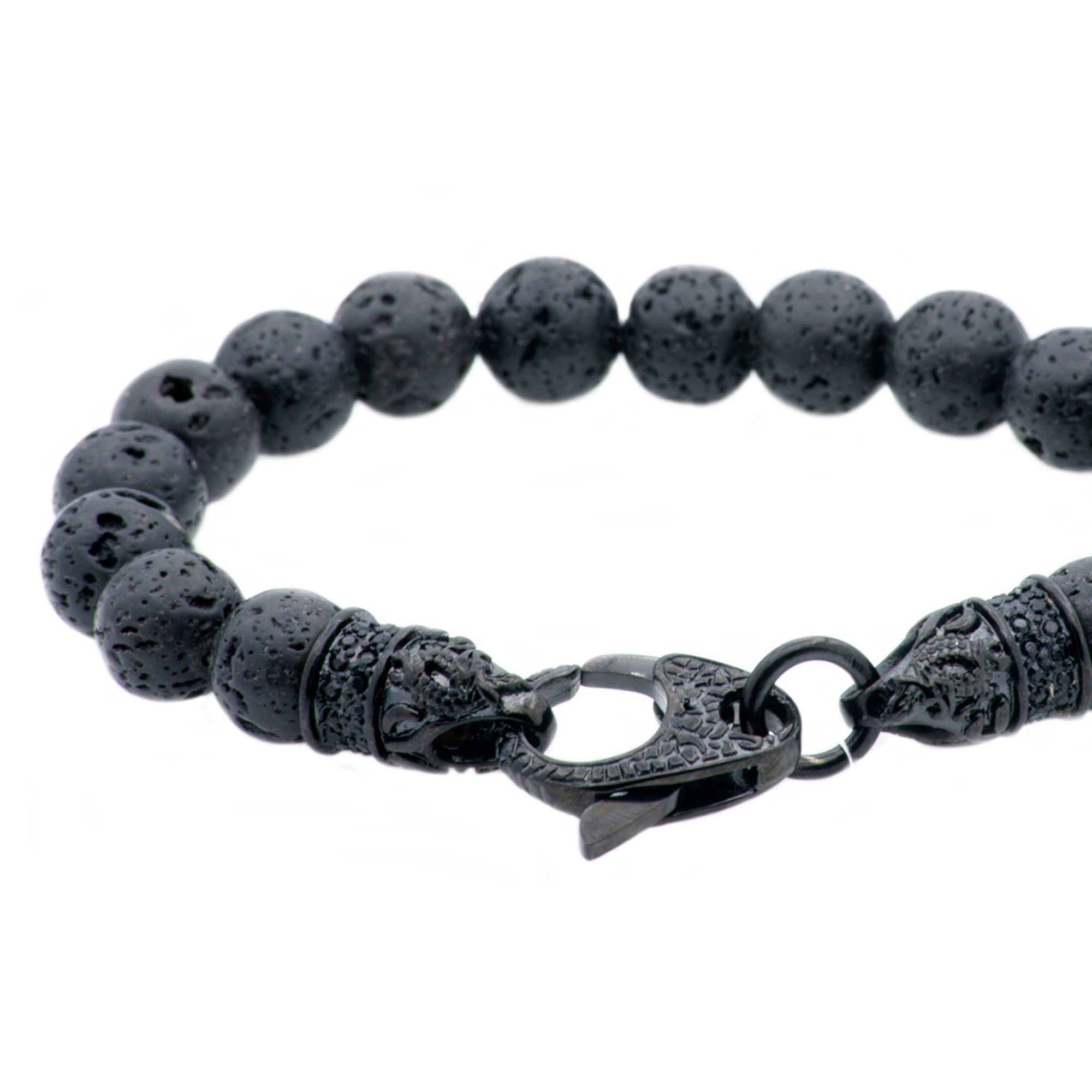 Genuine Lava Stone Black Plated Stainless Steel Beaded Men's Bracelet, 8.50"