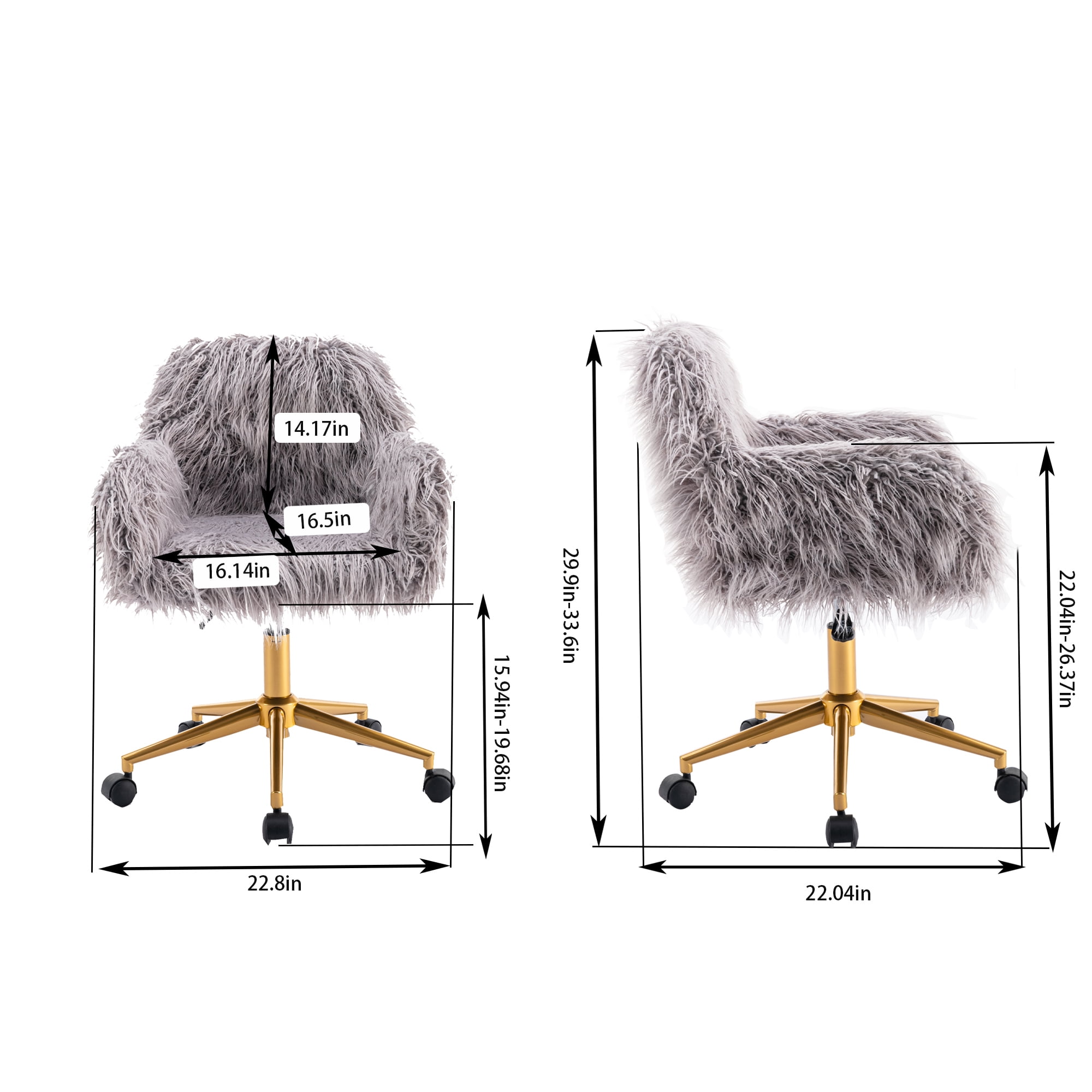 KCC Fluffy Office Desk Chair, Faux Fur Modern Swivel Armchair with Wheels, Soft Comfy Fuzzy Elegant Accent Makeup Vanity Chairs for Women Girls, Home Living Dressing Room Bedroom, Gray