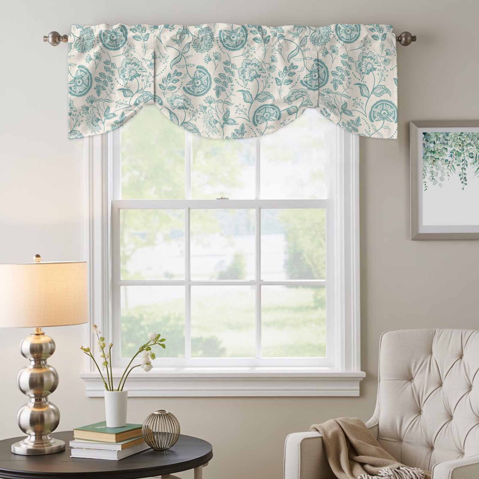 Farmhouse Turquoise Floral Tie Up Valances Curtain, Linen Boho Paisley Flower Rustic Adjustable Rod Pocket Short Window Treatment Tie Up Curtains Valances for Kitchen Living Room 54x18 In