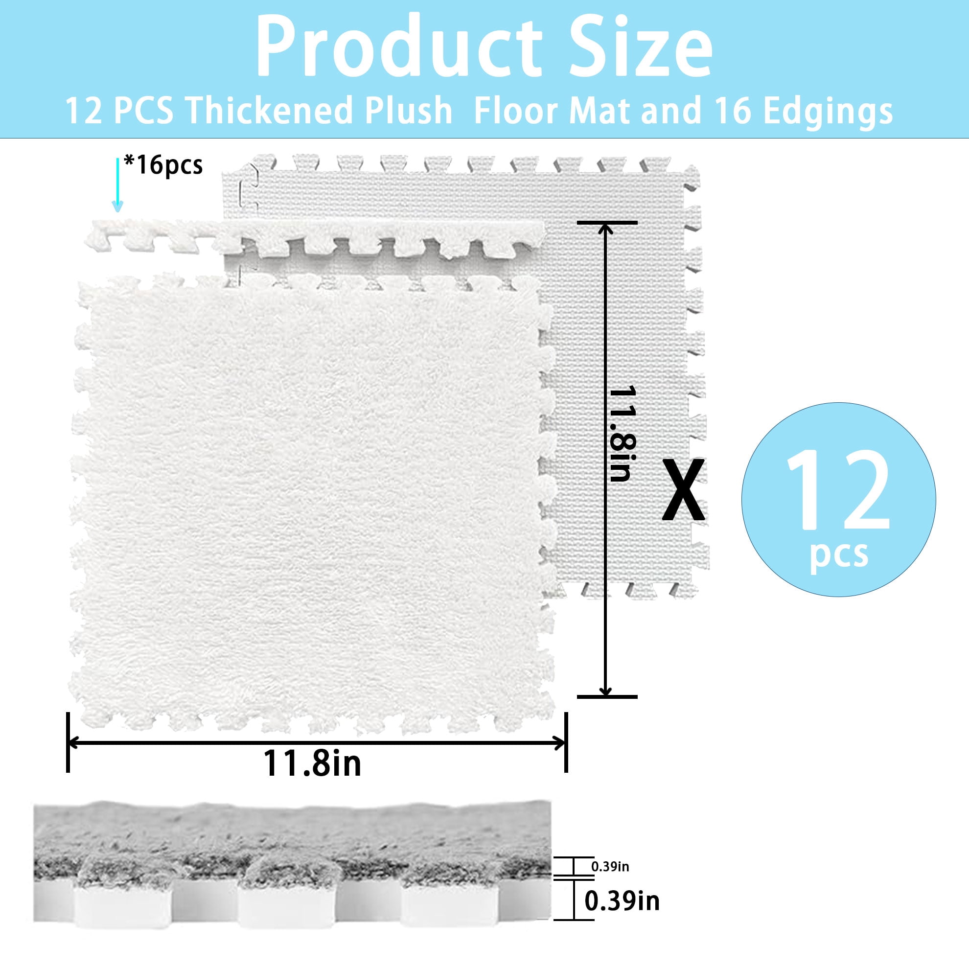 Interlocking Carpet Shaggy Soft EVA Foam Mats Fluffy Square Thickened Plush Tiles Protective Floor Tiles Exercise Play Mat for Children Kids Room Home Parlor Bedroom (White, 12 Pcs)