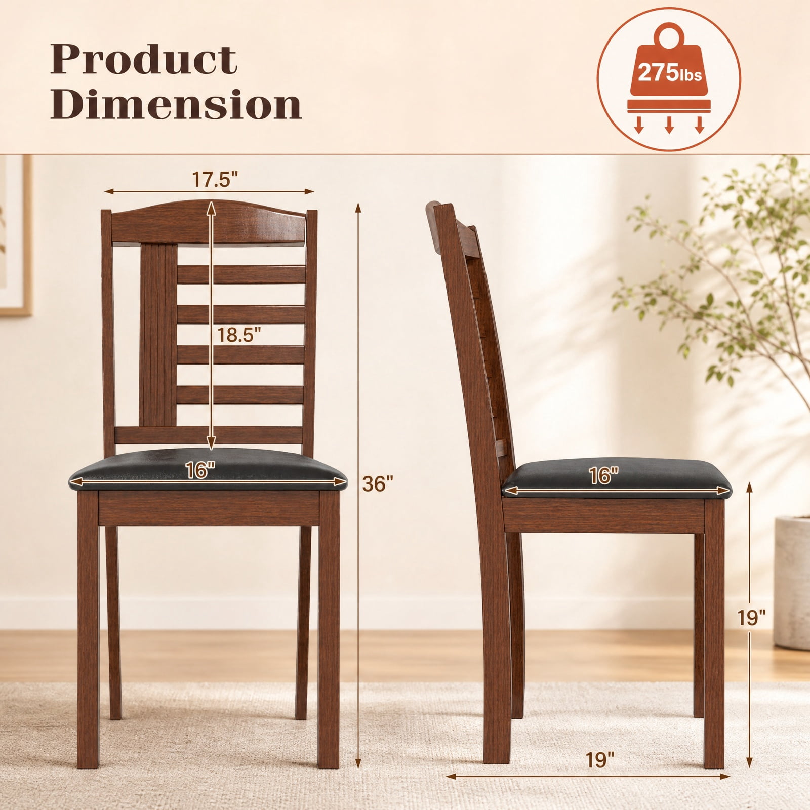 Furnibear Set of 2 Wood Kitchen Chairs with Faux Leather Upholstered Seat and Ergonomic Backrest for Dining Room and Restaurant, Black