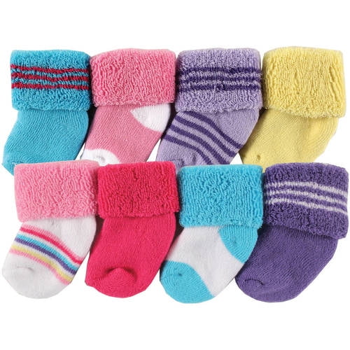 Luvable Friends Terry Cloth Roll Cuff Crew Socks, 8Pack (Baby Girls
