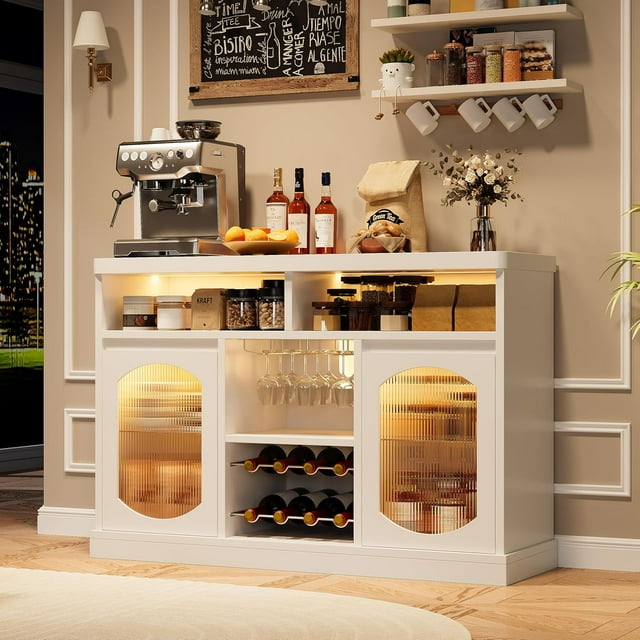 Modern Coffee Cabinet with Led Lights, White Bar Cabinet with 2 Glass Doors, Coffee Bar Cabinet with Adjustable Shelves, Wine Cabinet with Wine Racks for Kitchen, Dining Room, Living Room
