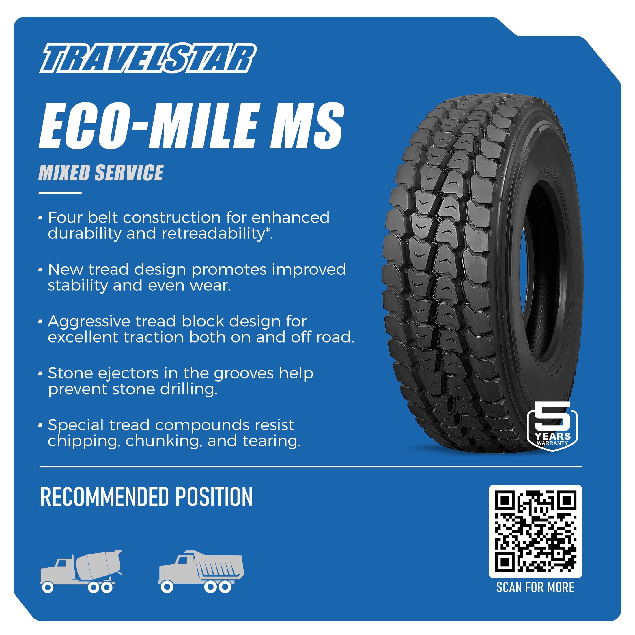 Travelstar ECO-Mile MS Mixed Service 315/80/22.5 315/80R22.5 20 Ply 157/154K Commercial Truck Tire