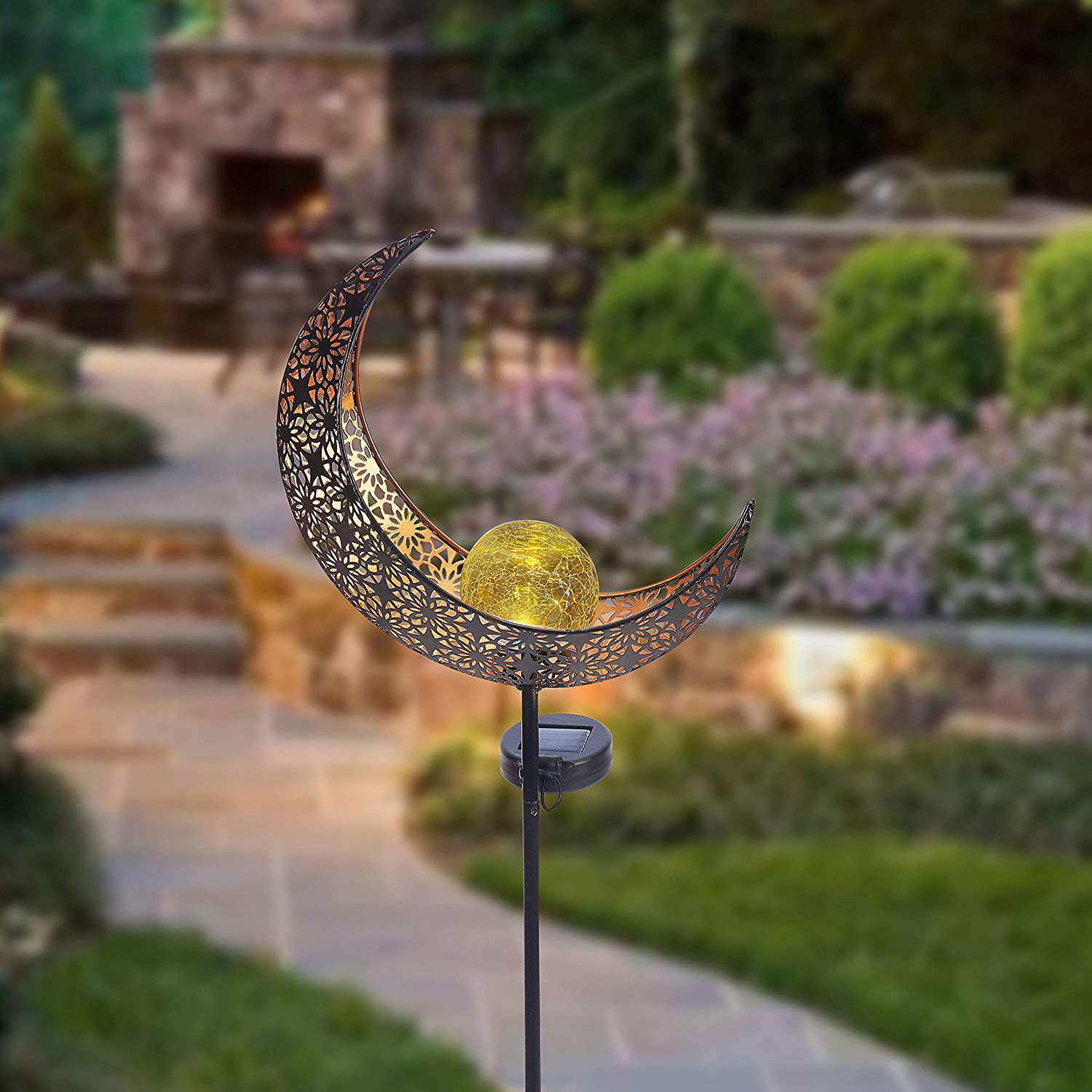2 Pack Antique Brass Hollow-Carved Metal Moon with Warm White Crackle Glass Globe Stake Lights,Waterproof Outdoor for Lawn,Patio,Yard Solar Powered Garden Lights 