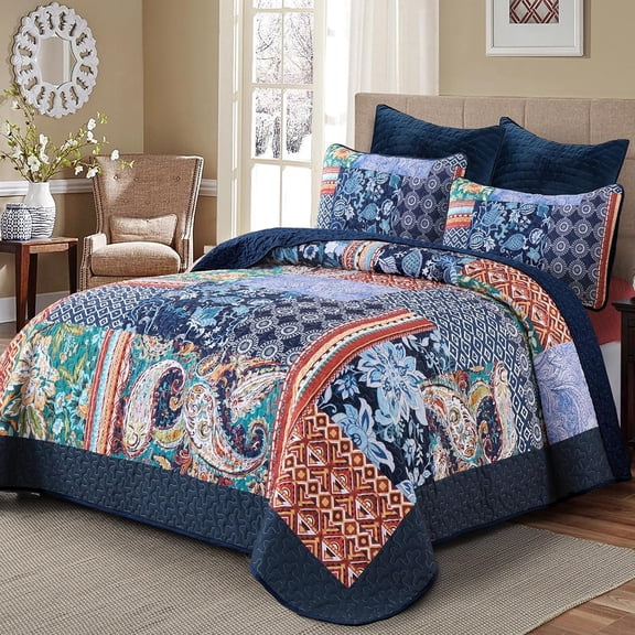 Patchwork Quilt Set Queen Size Navy Blue Bedspread Boho Paisley Floral Pattern Quilt Bedding Set, 3 Pieces Blue Bohemian Soft Lightweight Coverlet for All Season 96''x90''