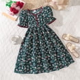 thumbnail image 2 of Rggeeun Toddler Girls Dress Cute Floral Pattern A Line Short Sleeve Square Neck Front Buttons Ankle Length Wide Ruffle with Waist Shirring for Summer School Activities Soft Sundress,Green,11-12 Years, 2 of 9