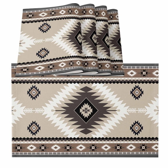 Brown Boho Placemats for Dinning Table Set of 4, Vintage Rustic Southwest Aztec Geometric Burlap Kitchen Place Mats Waterproof Cloth Table Mats, Indoor Outdoor Placemats Easy Clean Dinner Decor