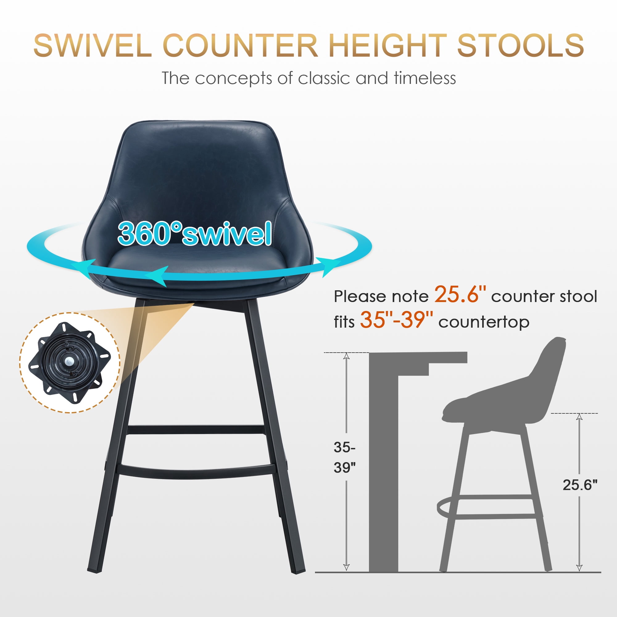 Zesthouse 25.6" Swivel Counter Height Bar Stools Set of 2, Modern Counter Height Chairs with Backs and Metal Legs, Upholstered Faux Leather Barstools for Kitchen Island, Blue
