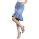 thumbnail image 4 of Falda de mezclilla ajustada con volantes en la parte inferior, de longitud a la rodilla, para mujer, color azul cielo, 4 of 6