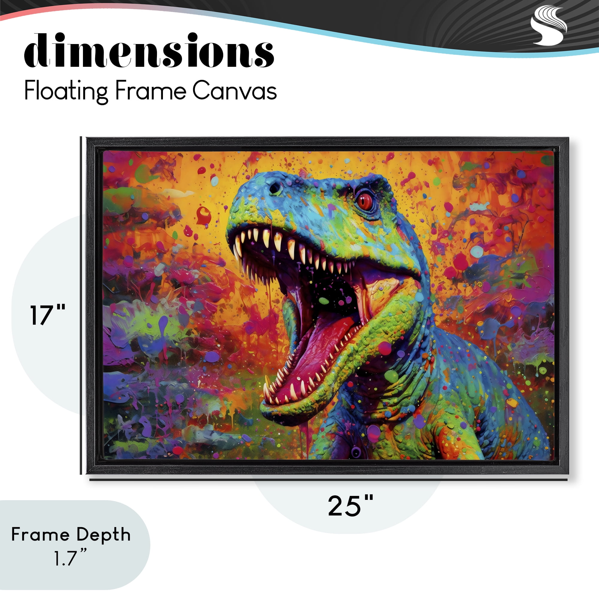 Stupell Industries Colorful T-Rex with Splatter Black Framed Floater Canvas Wall Art, design by Creative Studio