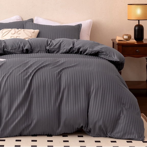 Sleep Zone Washed Striped Jacquard Duvet Cover Set Queen, 3 Pieces Soft Bedding Set, Dark Gray