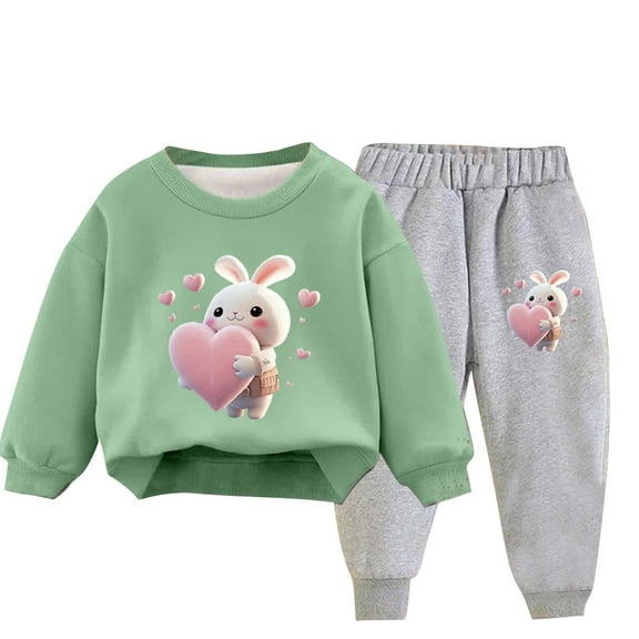 Zwiiyzr 3-10Y Toddler Baby Boy Girl Clothes Warm Fleece Lined Rabbit Print Long Sleeve Sweatshirt Tops and Pants Winter Fall Clothing Set Green